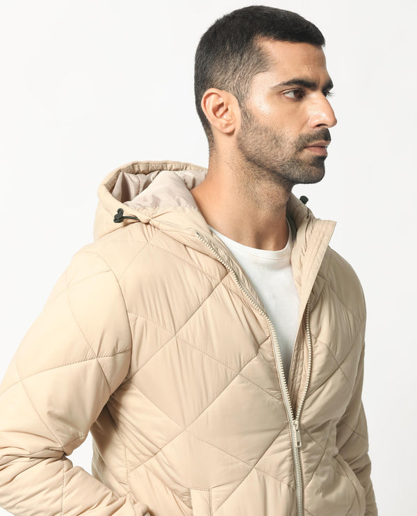 Rare Rabbit Men's Parco Dark Beige Diamond Quilted Hooded Puffer Jacket