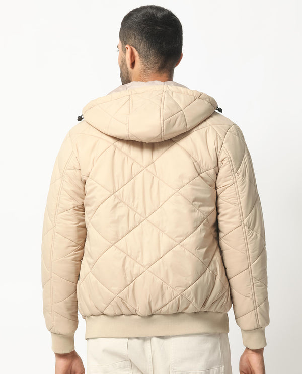 Rare Rabbit Men's Parco Dark Beige Diamond Quilted Hooded Puffer Jacket