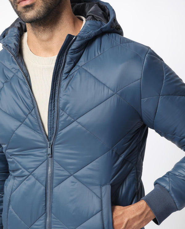 Rare Rabbit Men's Parco Dark Blue Diamond Quilted  Hooded Puffer Jacket