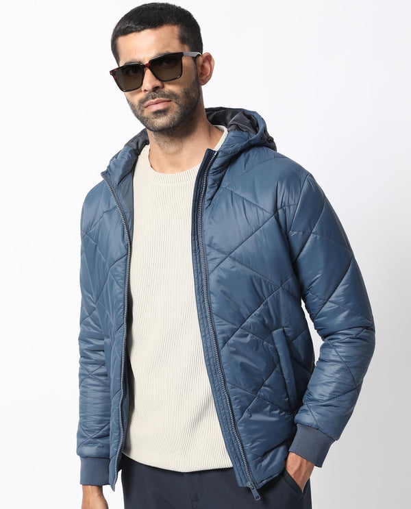 Rare Rabbit Men's Parco Dark Blue Diamond Quilted  Hooded Puffer Jacket
