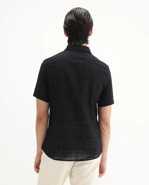 Rare Rabbit Men'S Parcor Black Cotton Fabric Half Sleeve Collared Neck Checked Shirt