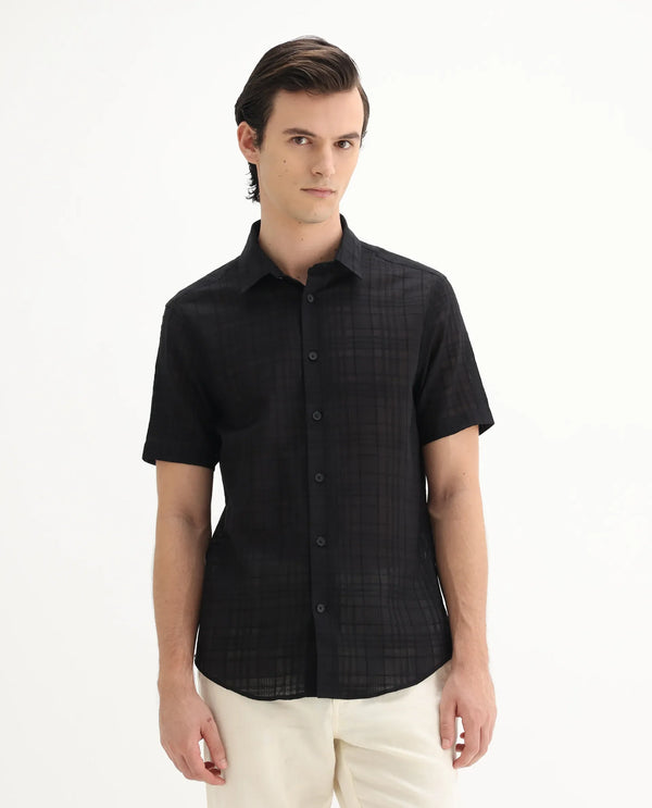 Rare Rabbit Men'S Parcor Black Cotton Fabric Half Sleeve Collared Neck Checked Shirt