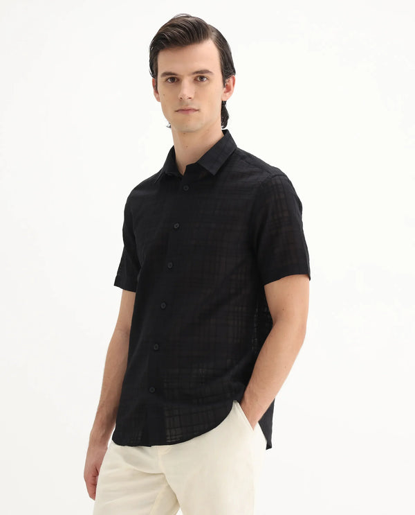 Rare Rabbit Men'S Parcor Black Cotton Fabric Half Sleeve Collared Neck Checked Shirt