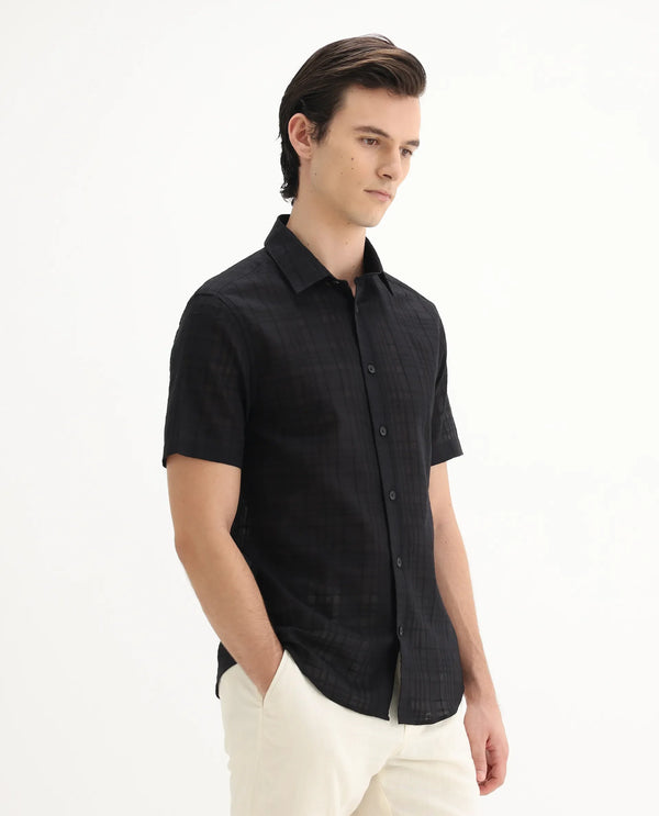 Rare Rabbit Men'S Parcor Black Cotton Fabric Half Sleeve Collared Neck Checked Shirt