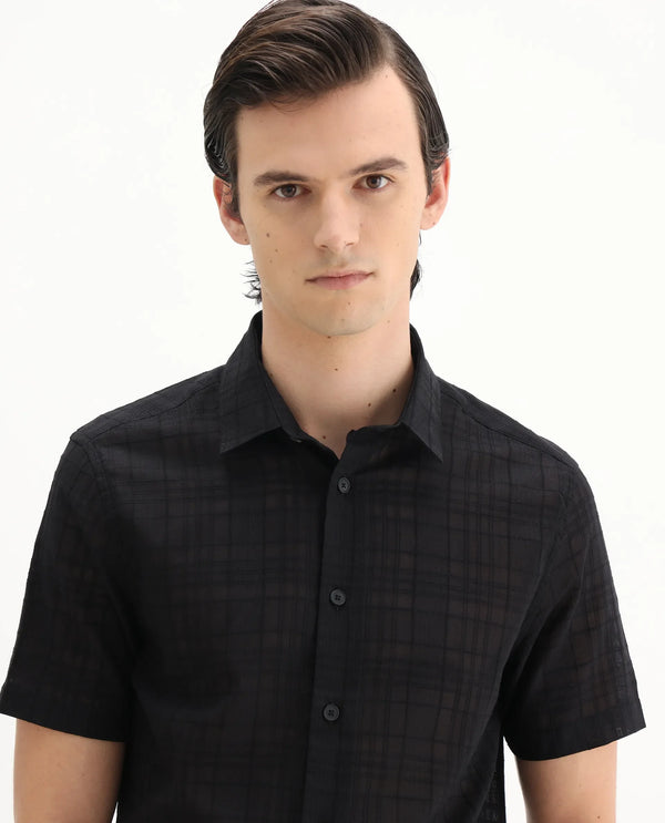 Rare Rabbit Men'S Parcor Black Cotton Fabric Half Sleeve Collared Neck Checked Shirt