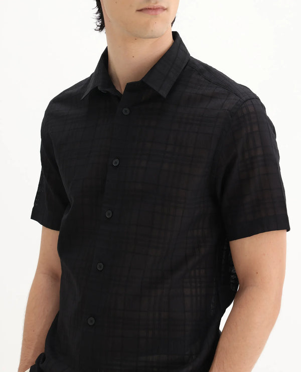 Rare Rabbit Men'S Parcor Black Cotton Fabric Half Sleeve Collared Neck Checked Shirt