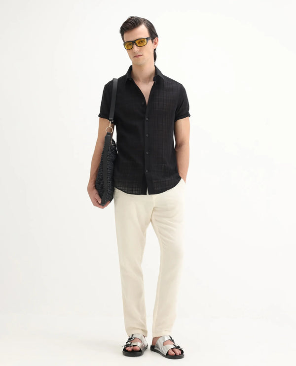 Rare Rabbit Men'S Parcor Black Cotton Fabric Half Sleeve Collared Neck Checked Shirt