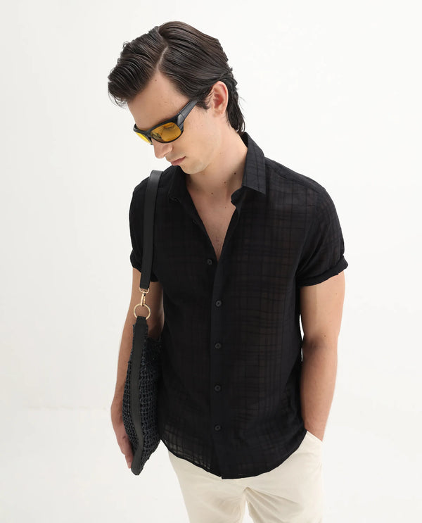 Rare Rabbit Men'S Parcor Black Cotton Fabric Half Sleeve Collared Neck Checked Shirt