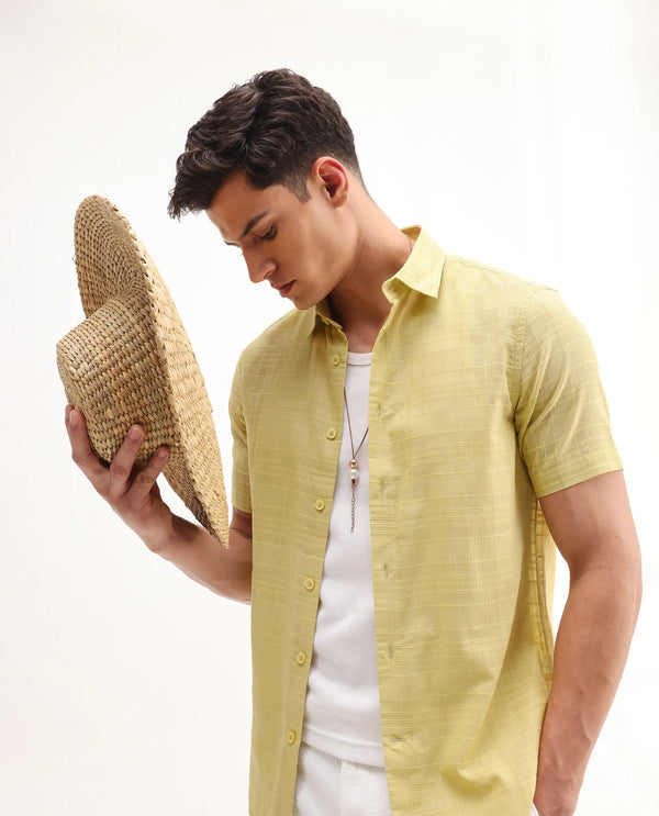 Rare Rabbit Men'S Parcor Flouroscent Yellow Cotton Fabric Half Sleeve Collared Neck Checked Shirt