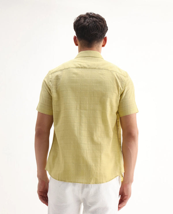 Rare Rabbit Men'S Parcor Flouroscent Yellow Cotton Fabric Half Sleeve Collared Neck Checked Shirt