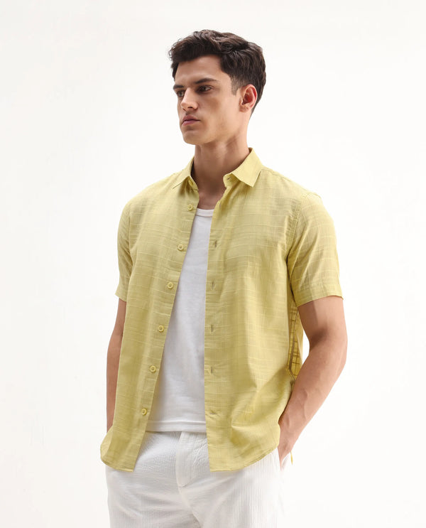 Rare Rabbit Men'S Parcor Flouroscent Yellow Cotton Fabric Half Sleeve Collared Neck Checked Shirt