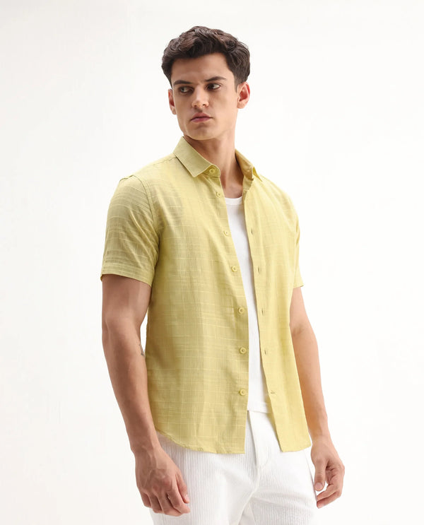 Rare Rabbit Men'S Parcor Flouroscent Yellow Cotton Fabric Half Sleeve Collared Neck Checked Shirt