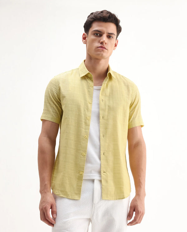 Rare Rabbit Men'S Parcor Flouroscent Yellow Cotton Fabric Half Sleeve Collared Neck Checked Shirt