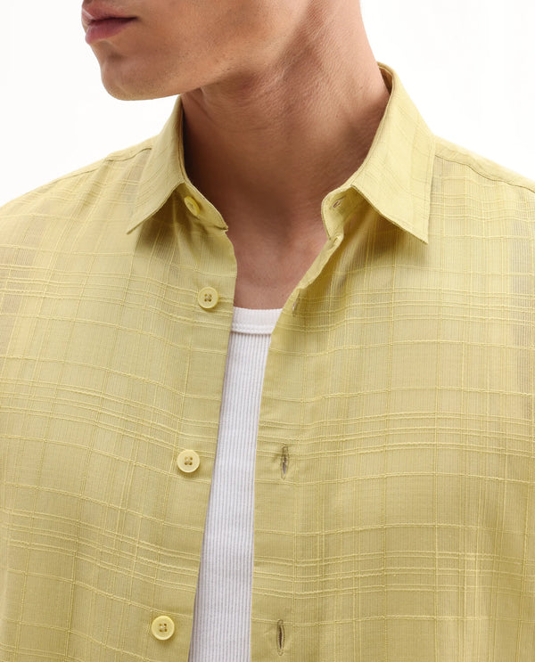 Rare Rabbit Men'S Parcor Flouroscent Yellow Cotton Fabric Half Sleeve Collared Neck Checked Shirt