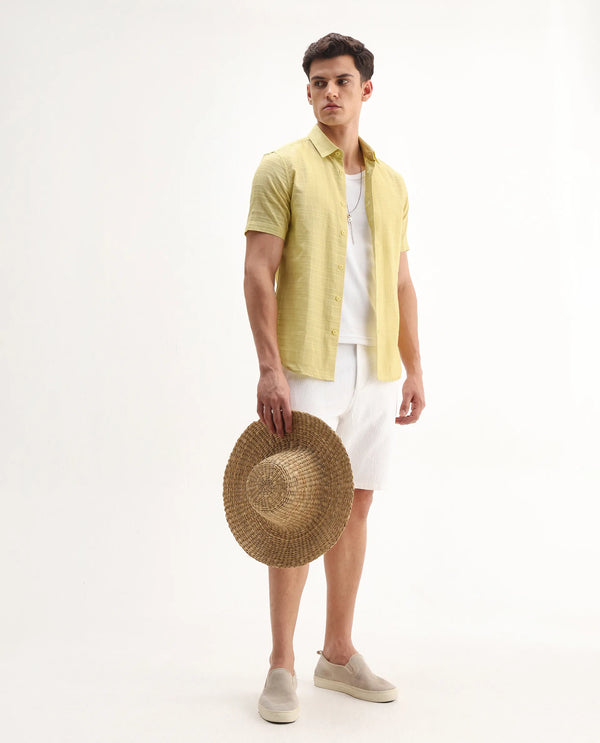 Rare Rabbit Men'S Parcor Flouroscent Yellow Cotton Fabric Half Sleeve Collared Neck Checked Shirt