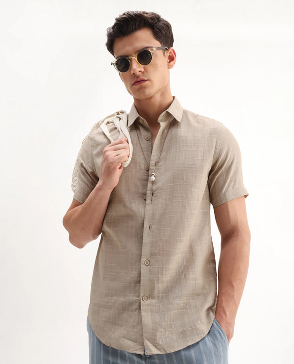 Rare Rabbit Men'S Parcor Khaki Cotton Fabric Half Sleeve Collared Neck Checked Shirt