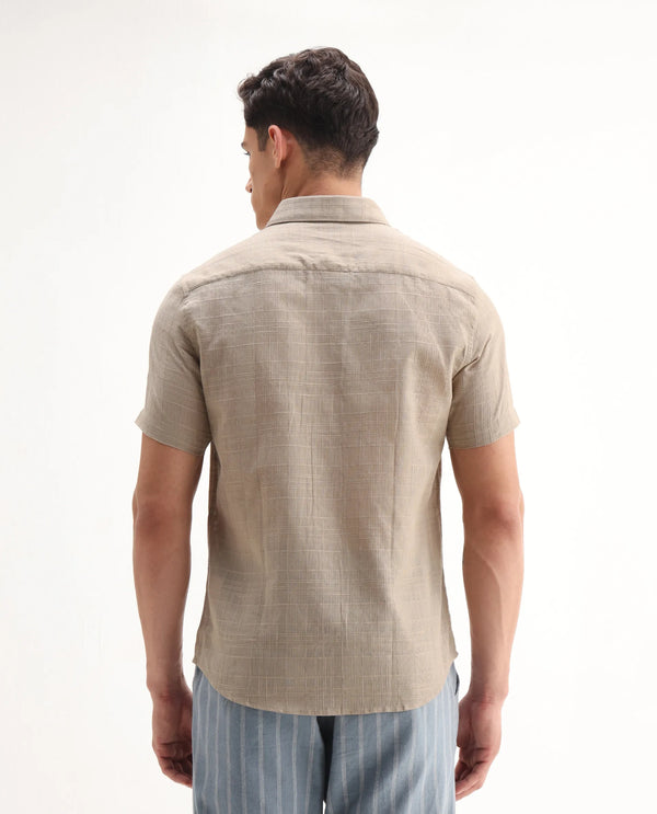 Rare Rabbit Men'S Parcor Khaki Cotton Fabric Half Sleeve Collared Neck Checked Shirt