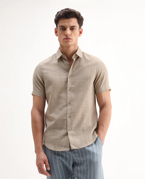 Rare Rabbit Men'S Parcor Khaki Cotton Fabric Half Sleeve Collared Neck Checked Shirt