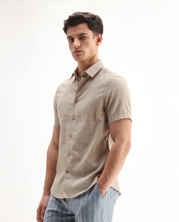 Rare Rabbit Men'S Parcor Khaki Cotton Fabric Half Sleeve Collared Neck Checked Shirt