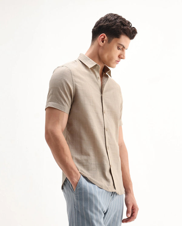 Rare Rabbit Men'S Parcor Khaki Cotton Fabric Half Sleeve Collared Neck Checked Shirt