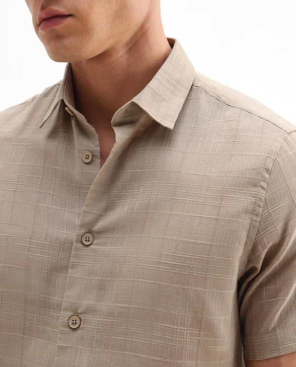Rare Rabbit Men'S Parcor Khaki Cotton Fabric Half Sleeve Collared Neck Checked Shirt