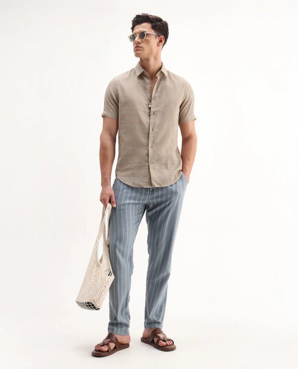 Rare Rabbit Men'S Parcor Khaki Cotton Fabric Half Sleeve Collared Neck Checked Shirt