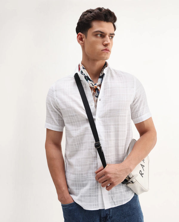 Rare Rabbit Men'S Parcor White Cotton Fabric Half Sleeve Collared Neck Checked Shirt