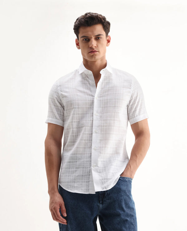 Rare Rabbit Men'S Parcor White Cotton Fabric Half Sleeve Collared Neck Checked Shirt
