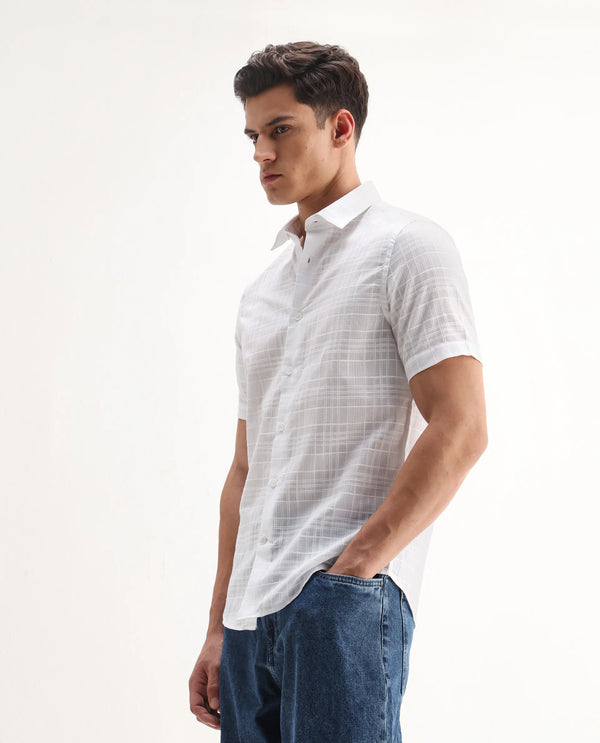 Rare Rabbit Men'S Parcor White Cotton Fabric Half Sleeve Collared Neck Checked Shirt