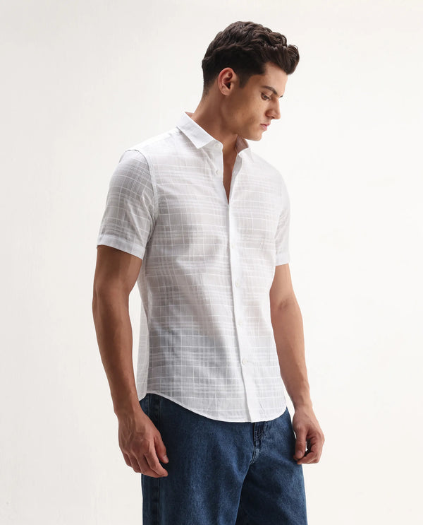 Rare Rabbit Men'S Parcor White Cotton Fabric Half Sleeve Collared Neck Checked Shirt