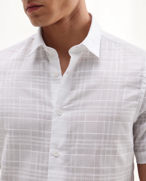 Rare Rabbit Men'S Parcor White Cotton Fabric Half Sleeve Collared Neck Checked Shirt