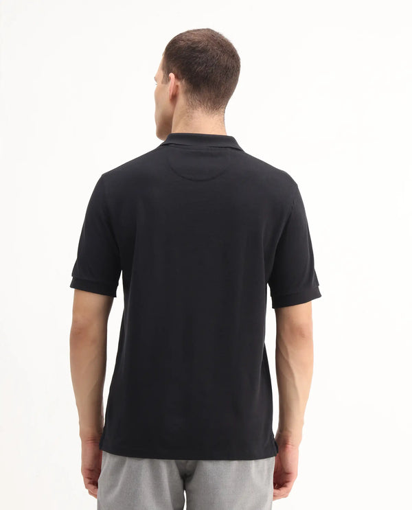 Rare Rabbit Men Pare-1 Black Cotton Fabric Short Sleeve Collared Neck Regular Fit Printed Polo