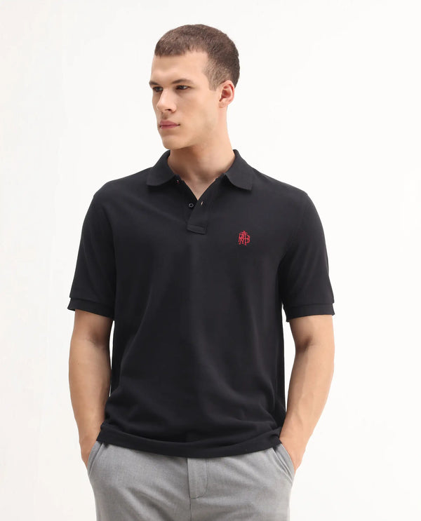 Rare Rabbit Men Pare-1 Black Cotton Fabric Short Sleeve Collared Neck Regular Fit Printed Polo