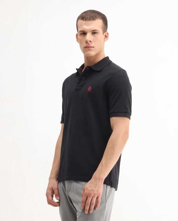 Rare Rabbit Men Pare-1 Black Cotton Fabric Short Sleeve Collared Neck Regular Fit Printed Polo