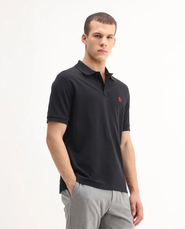 Rare Rabbit Men Pare-1 Black Cotton Fabric Short Sleeve Collared Neck Regular Fit Printed Polo