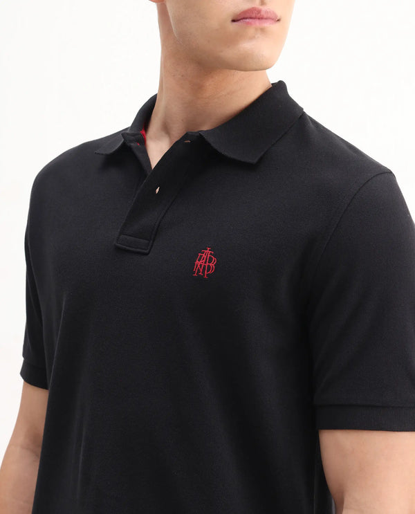 Rare Rabbit Men Pare-1 Black Cotton Fabric Short Sleeve Collared Neck Regular Fit Printed Polo