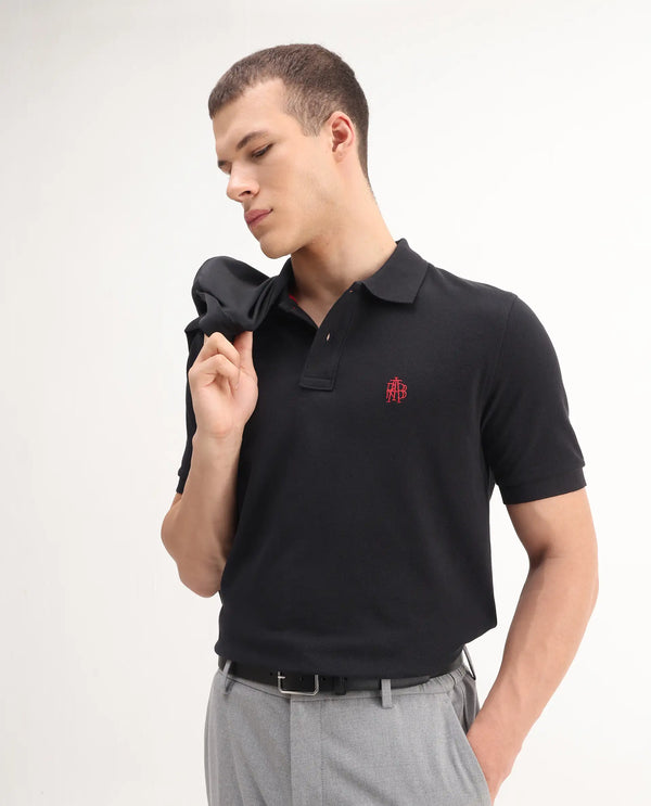 Rare Rabbit Men Pare-1 Black Cotton Fabric Short Sleeve Collared Neck Regular Fit Printed Polo