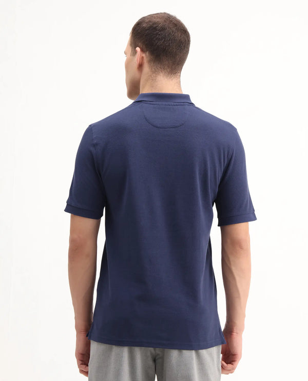 Rare Rabbit Men Pare-1 Dark Blue Cotton Fabric Short Sleeve Collared Neck Regular Fit Printed Polo