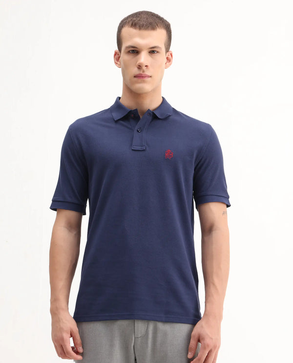 Rare Rabbit Men Pare-1 Dark Blue Cotton Fabric Short Sleeve Collared Neck Regular Fit Printed Polo