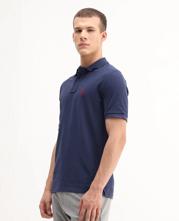 Rare Rabbit Men Pare-1 Dark Blue Cotton Fabric Short Sleeve Collared Neck Regular Fit Printed Polo