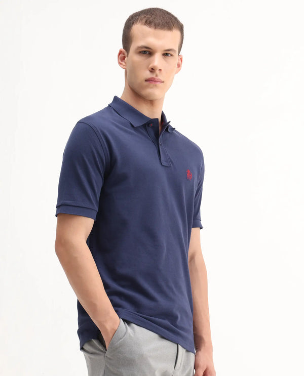 Rare Rabbit Men Pare-1 Dark Blue Cotton Fabric Short Sleeve Collared Neck Regular Fit Printed Polo