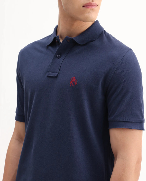 Rare Rabbit Men Pare-1 Dark Blue Cotton Fabric Short Sleeve Collared Neck Regular Fit Printed Polo