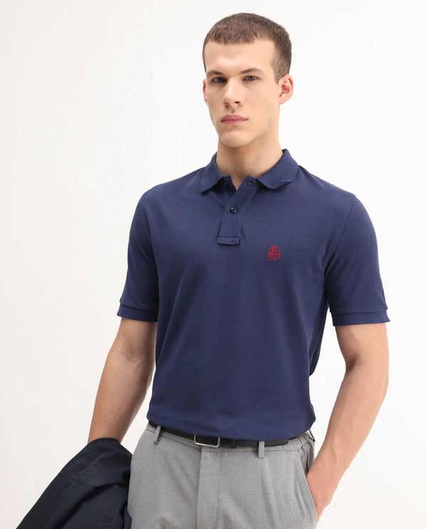 Rare Rabbit Men Pare-1 Dark Blue Cotton Fabric Short Sleeve Collared Neck Regular Fit Printed Polo