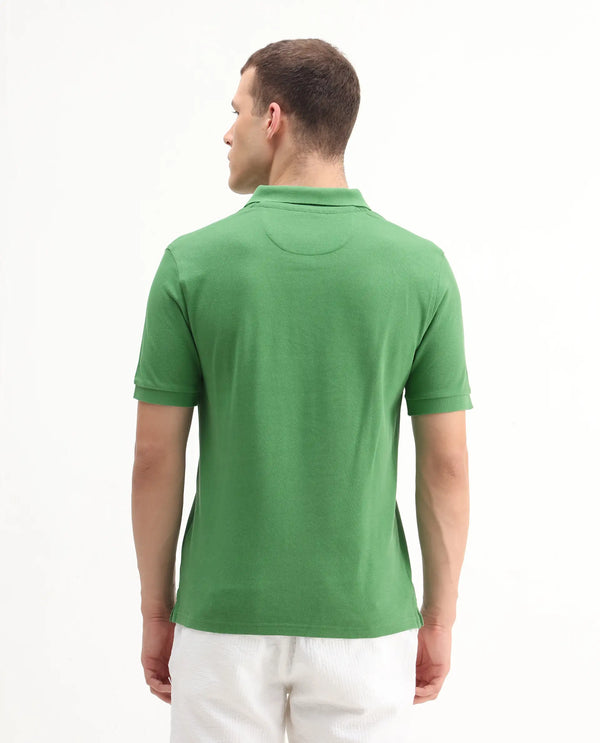 Rare Rabbit Men Pare-1 Dark Green Cotton Fabric Short Sleeve Collared Neck Regular Fit Printed Polo