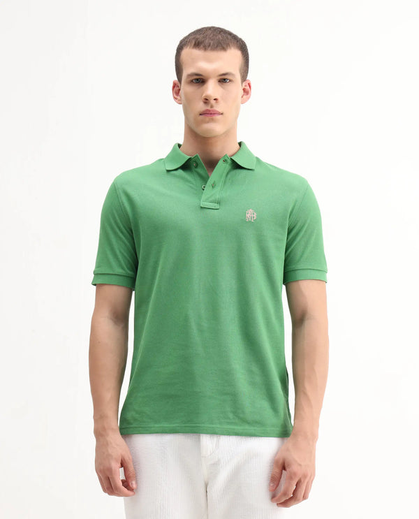 Rare Rabbit Men Pare-1 Dark Green Cotton Fabric Short Sleeve Collared Neck Regular Fit Printed Polo