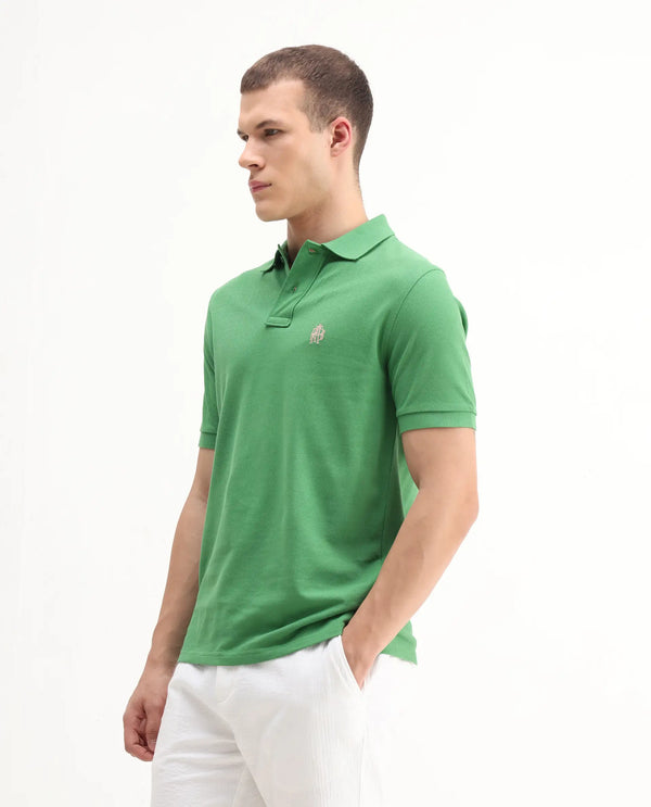 Rare Rabbit Men Pare-1 Dark Green Cotton Fabric Short Sleeve Collared Neck Regular Fit Printed Polo