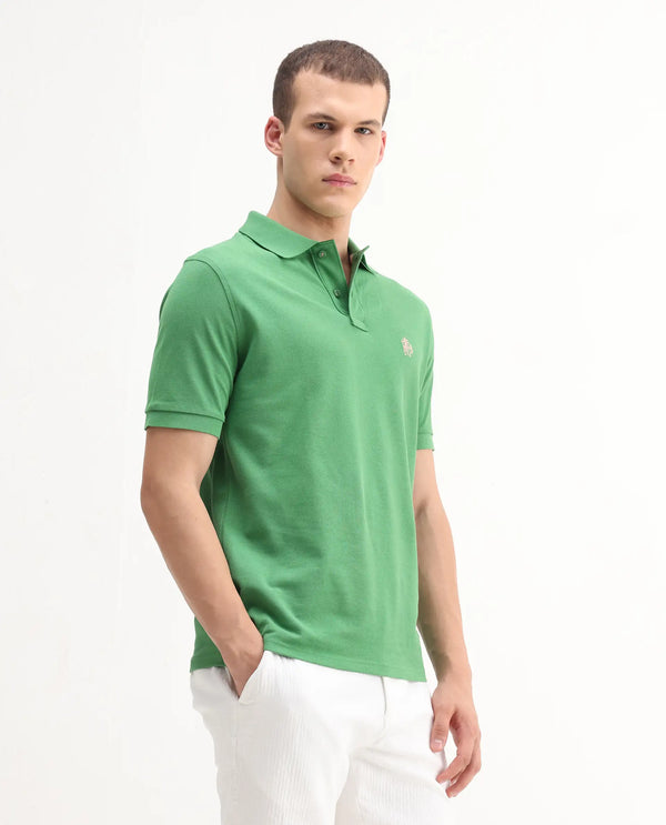Rare Rabbit Men Pare-1 Dark Green Cotton Fabric Short Sleeve Collared Neck Regular Fit Printed Polo