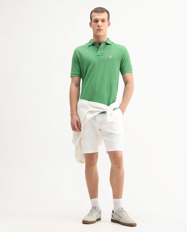 Rare Rabbit Men Pare-1 Dark Green Cotton Fabric Short Sleeve Collared Neck Regular Fit Printed Polo