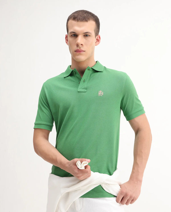 Rare Rabbit Men Pare-1 Dark Green Cotton Fabric Short Sleeve Collared Neck Regular Fit Printed Polo