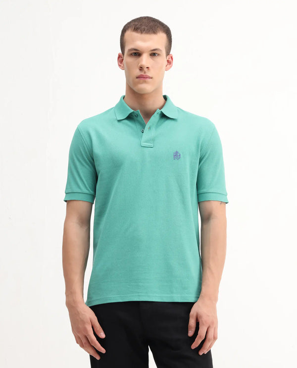 Rare Rabbit Men Pare-1 Turq Cotton Fabric Short Sleeve Collared Neck Regular Fit Printed Polo